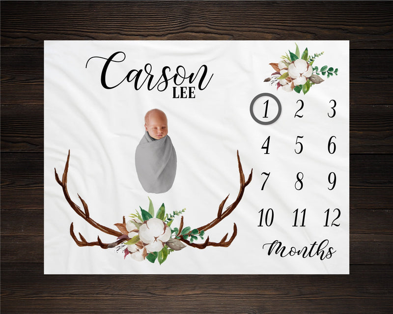 Antlers With Cotton Boy Milestone Blanket