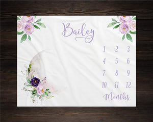 Purple Floral Moon Milestone Blanket, Baby Milestone Blanket, Luna Milestone Blanket, Personalized Baby Blanket, Baby Shower Gift, Baby Girl