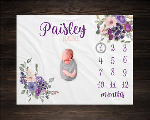 Purple Floral Milestone Blanket, Baby Month Milestone Blanket, Baby Girl Milestone Blanket, Track Growth, Keepsake Baby Shower Gift, Newborn