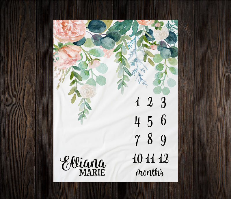 Greenery Floral Milestone Blanket, Baby Month Milestone Blanket, Baby Girl Milestone Blanket Track Growth Keepsake Baby Shower Gift