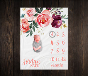 Burgundy and Coral Floral Milestone Blanket, Baby Month Blanket, Baby Girl Milestone Blanket Track Growth Keepsake Baby Shower Gift