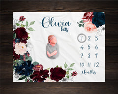 Burgundy and Navy Floral Milestone Blanket, Baby Month Milestone Blanket, Baby Girl Milestone Blanket Track Growth Keepsake Baby Shower Gift
