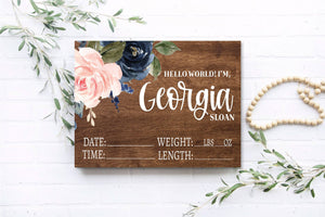 Navy and Pink Floral Birth Stat Sign