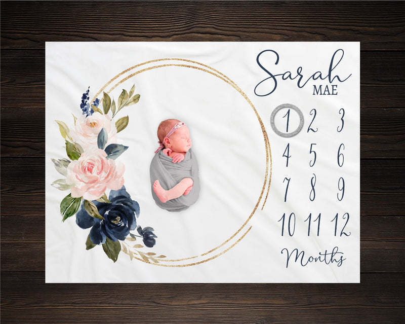 Girl Milestone Blanket Personalized Monthly Growth Tracker Custom Baby Shower Gift For New Mom Watercolor Floral Blanket For Newborn Nursery