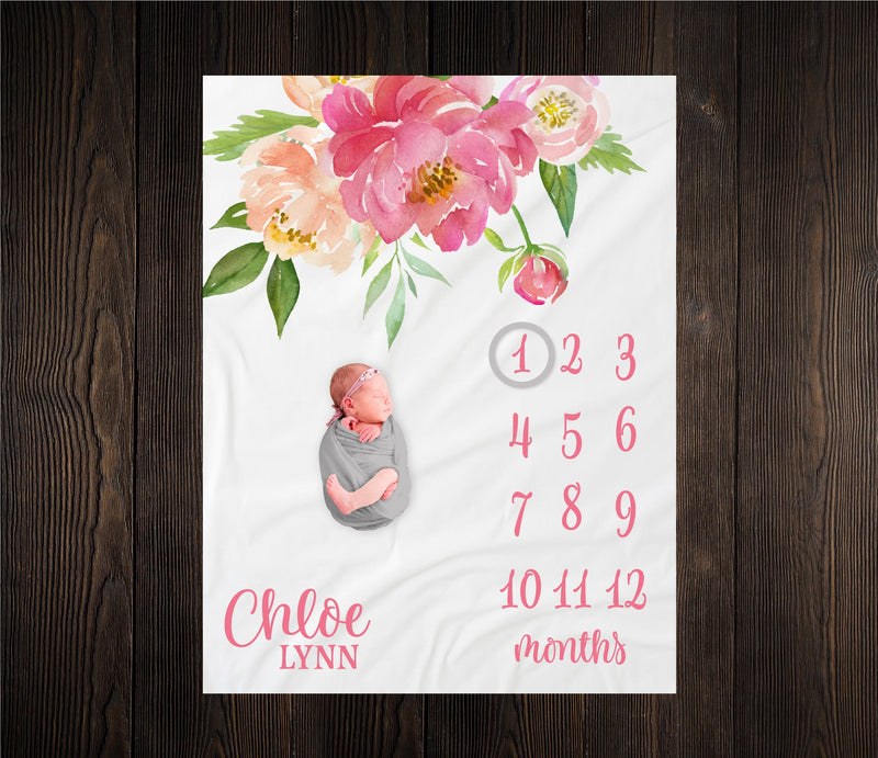 Peony Flower Milestone Blanket Personalized Monthly Growth Tracker Custom Baby Shower Gift Watercolor Pink Floral Blanket For Newborn