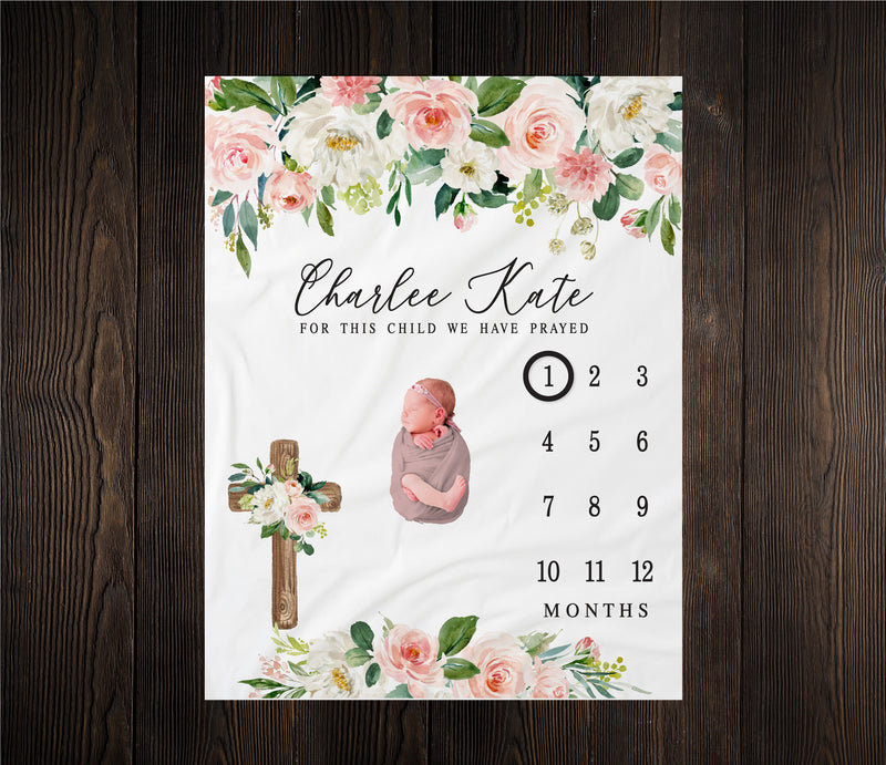 Floral Cross Girl Milestone Blanket