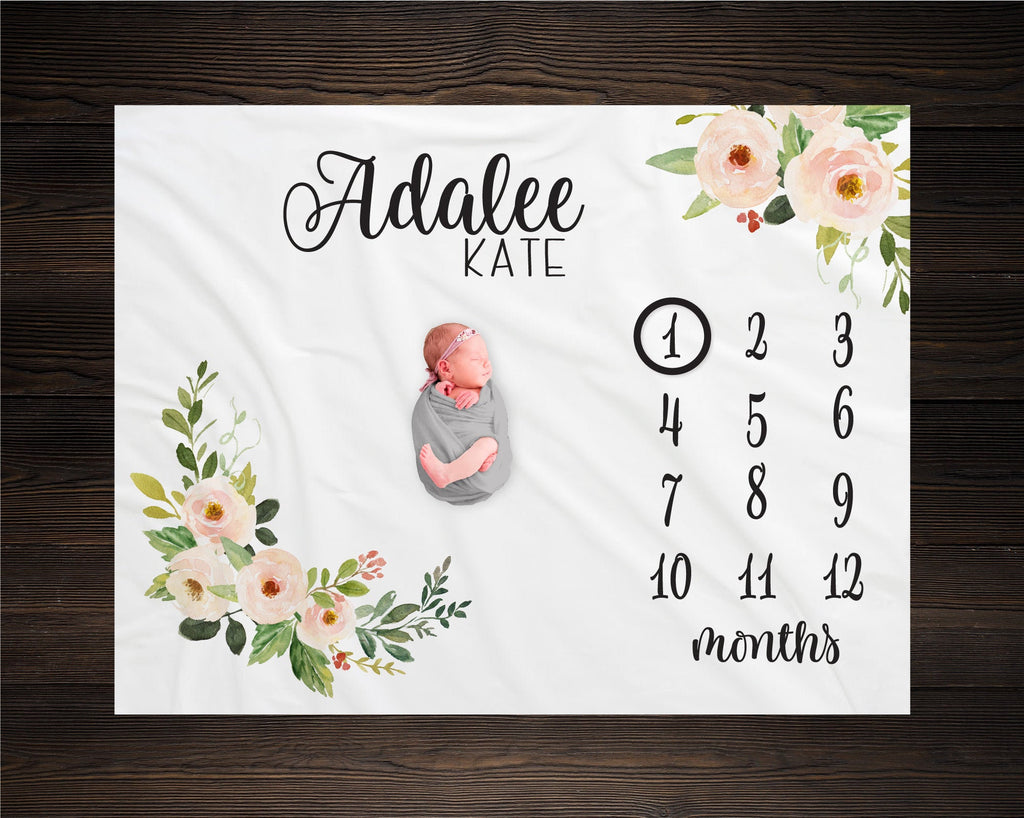 Baby Girl Milestone Blanket Month Growth Tracker Minky Fleece Blanket Custom Personalized Baby Shower Gift Watercolor Floral Newborn