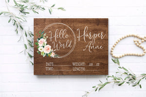 Pink Floral Hello World Birth Stat Sign