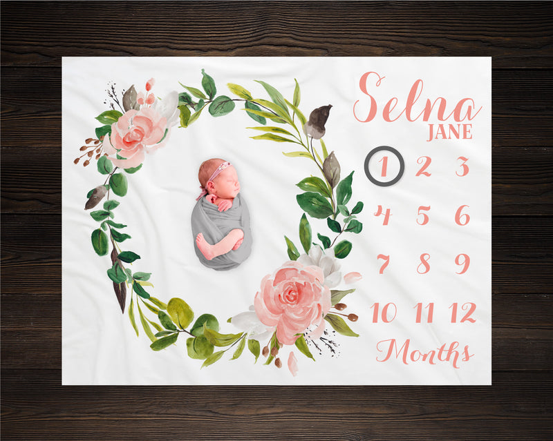 Girl Milestone Blanket Personalized Monthly Growth Tracker Custom Baby Shower Gift For New Mom Watercolor Floral Blanket For Newborn Nursery