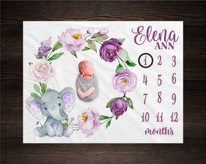 Purple Floral Baby Elephant Milestone Blanket, Safari Milestone Blanket, Baby Shower Gift, Baby Keepsake Gift, Girl Wreath Milestone Blanket