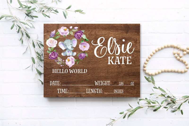 Purple Floral Elephant Birth Stat Sign