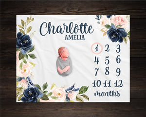 Pink and Navy Floral Milestone Blanket, Milestone Blanket, Baby Shower Gift, Baby Keepsake Gift, Girl Wreath Milestone Blanket