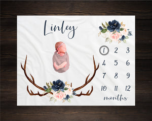 Floral Woodland Milestone Blanket Monthly Growth Tracker Antlers Blanket Baby Shower Gift Newborn Gift Blanket Watch Me Grow Baby Girl