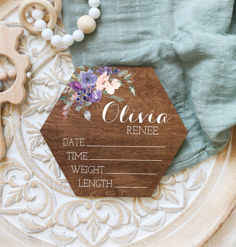 Purple Floral Hexagon Birth Stat Sign