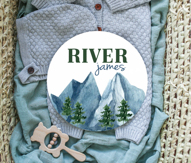 Mountains Baby Name Sign Round Wooden Personalized Baby Name Newborn Announcement Custom Rustic Adventure Forrest Nursery Sign Decor