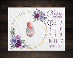Purple Floral Milestone Blanket, Baby Month Blanket, Baby Girl Milestone Blanket Track Growth Keepsake Baby Shower Gift
