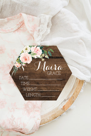 Pink Floral Hexagon Birth Stat Sign