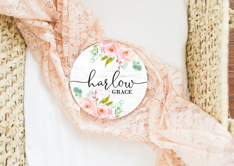 Floral Baby Girl Round Wood Baby Name Sign Wooden Personalized Baby Name Newborn Announcement Custom Nursery Sign Decor