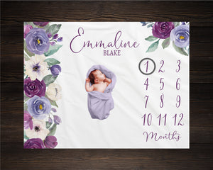 Purple Floral Milestone Blanket, Baby Month Blanket, Baby Girl Milestone Blanket Track Growth Keepsake Baby Shower Gift