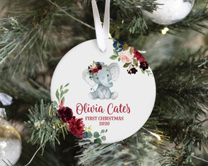 Floral Elephant First Christmas Ornament