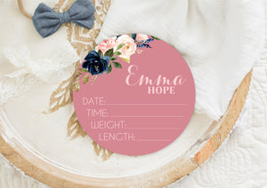 Navy and Pink Floral Round Birth Stat Sign