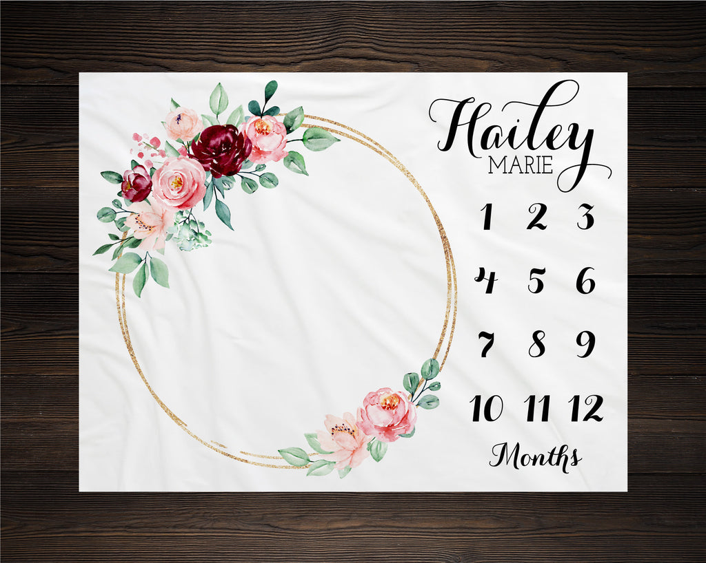 Burgundy and Pink Floral Baby Milestone Blanket, Monthly Growth Tracker, Baby Shower Gift, Baby Keepsake Gift, Girl Wreath Milestone Blanket